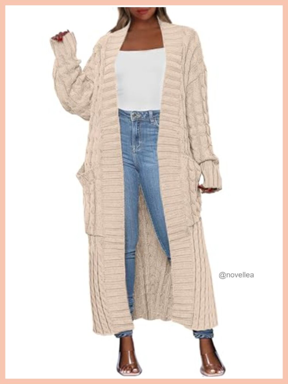 Open Front Cable Knit Long Cardigan Sweater Coat with Pockets